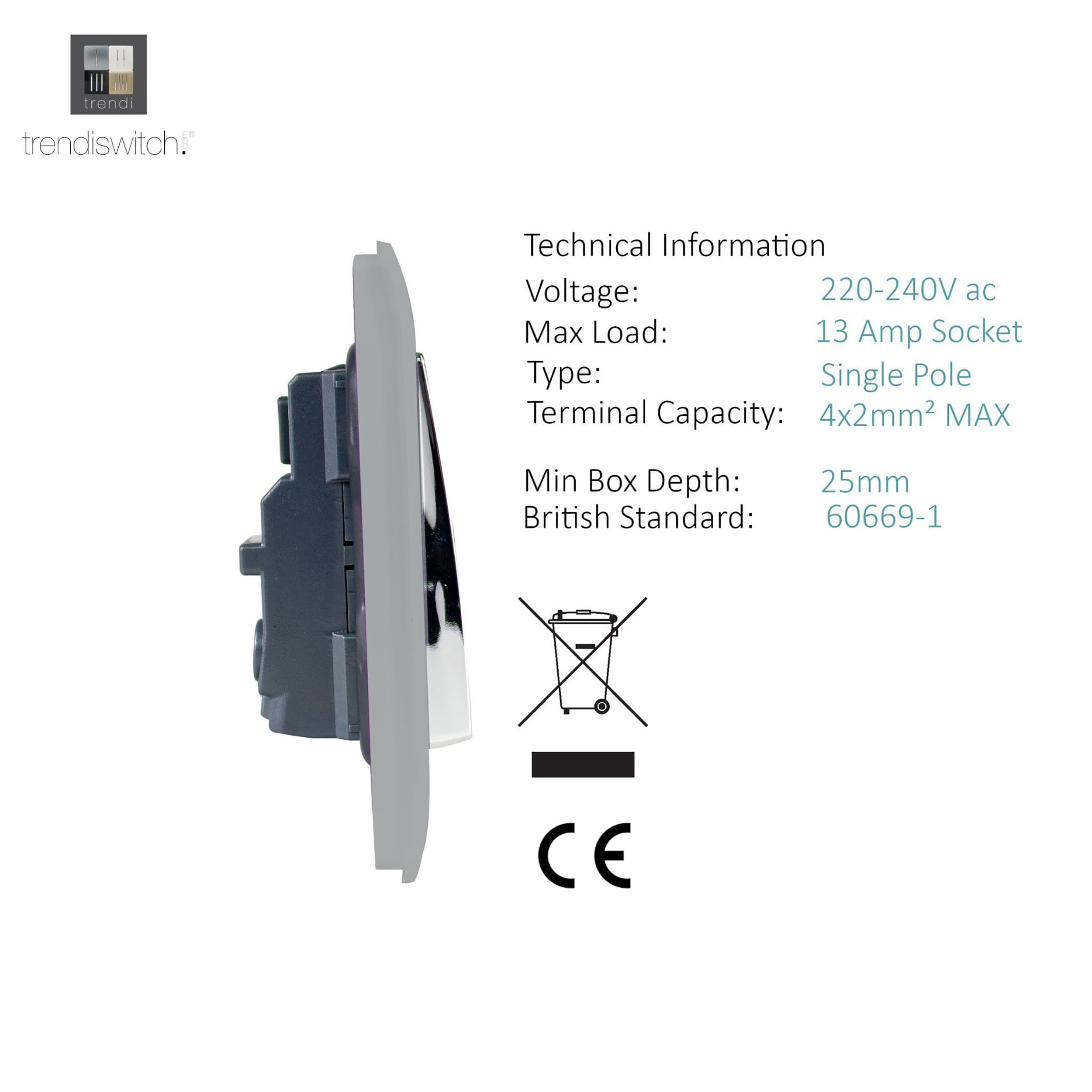 2 Gang 13Amp Long Switched Double Socket Brushed Steel ART-SKT213LBS  Trendi Brushed Steel
